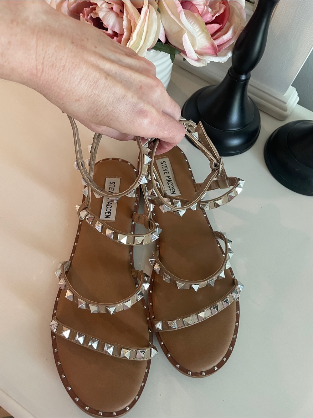 Steve Madden Tan Leather Studded Sandals with Silver Accents